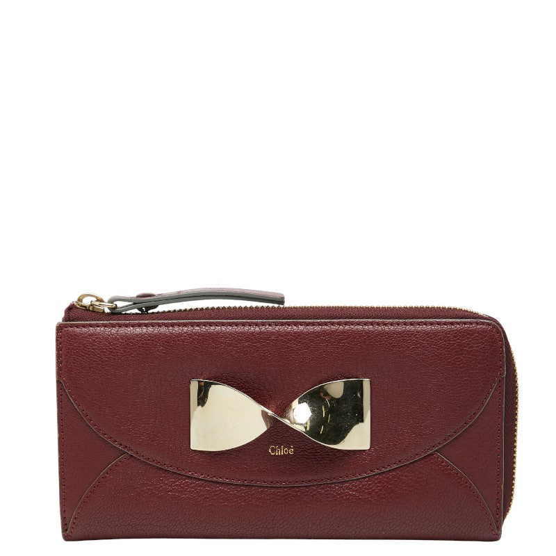 クロエ リボン L字ファスナー 長財布 ワインレッド ボルドー レザー レディース Chloe 【中古】