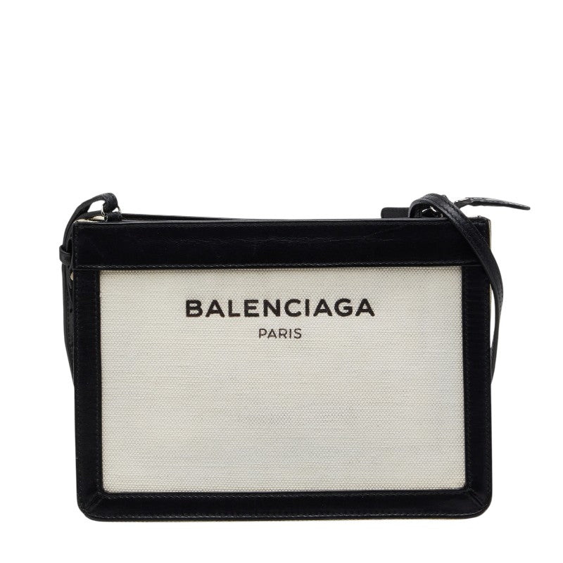 バレンシアガ ネイビーポシェット ショルダーバッグ 390641 ホワイト ブラック キャンバス レザー レディース BALENCIAGA 【中古】