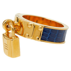 エルメス ケリー カデナ モチーフ スカーフリング ゴールド ブルー メッキ リザード レディース HERMES 【中古】