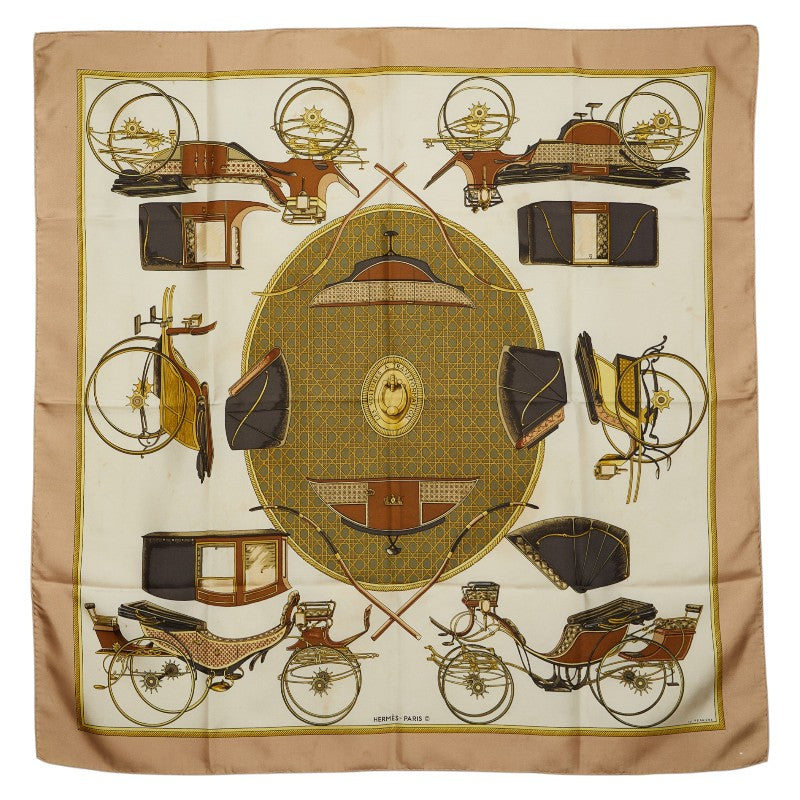 エルメス カレ90 LES VOITURES A TRANSFORMATION 折りたたみ式幌の馬車 スカーフ ベージュ マルチカラー レディース HERMES 【中古】