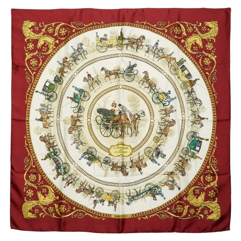 エルメス カレ90 LA PROMENADE DE LONGCHAMPS ロンシャンへの散歩 スカーフ レッド マルチカラー レディース HERMES 【中古】
