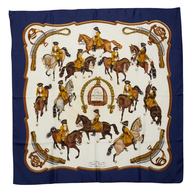 エルメス カレ90 REPRISE 乗馬風景 スカーフ ネイビー マルチカラー レディース HERMES 【中古】