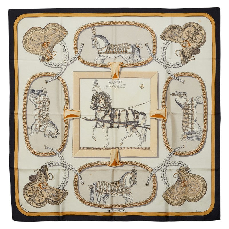 エルメス カレ90 TRES GRAND APPARAT 盛装の馬 スカーフ ブラック ベージュ アイボリー シルク レディース HERMES 【中古】