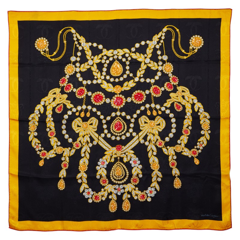 カルティエ ジュエリー 宝石柄 スカーフ イエロー マルチカラー シルク レディース CARTIER 【中古】