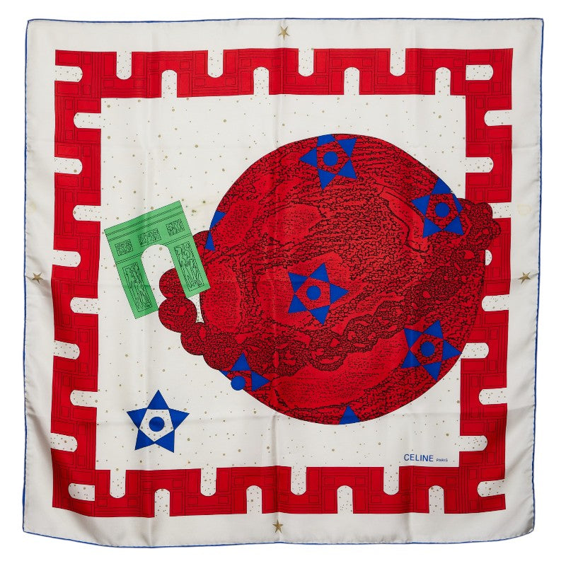 セリーヌ パリ PARIS 凱旋門 モチーフ スカーフ ホワイト ブルー レッド グリーン シルク レディース CELINE 【中古】