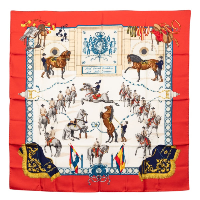 エルメス カレ90 REAL ESCUELA ANDALUZA アンダルシア馬術学校 スカーフ レッド マルチカラー シルク レディース HERMES 【中古】