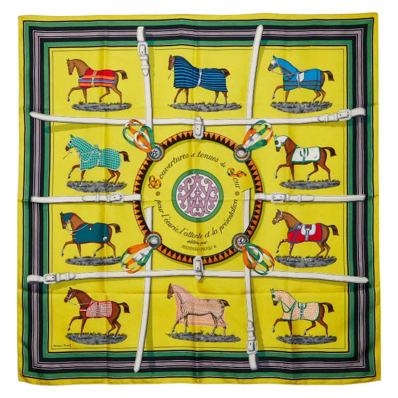 エルメス カレ90 editees par 競走馬 スカーフ イエロー マルチカラー レディース HERMES 【中古】