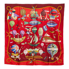 エルメス カレ90 LES FOLIES DU CIEL 大空の狂気 スカーフ レッド マルチカラー シルク レディース HERMES 【中古】