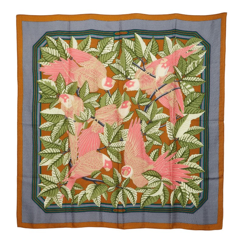 エルメス カレジュアン カレ90 LES PERROQUETS オウム スカーフ ブラウン ブルー マルチカラー シルク カシミヤ レディース HERMES 【中古】