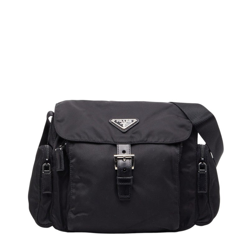 プラダ 三角ロゴプレート 斜め掛け ショルダーバッグ BT0501 ブラック レザー テスートナイロン レディース PRADA 【中古】