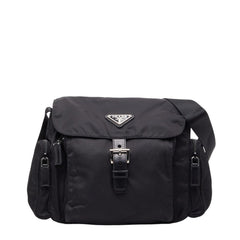 プラダ 三角ロゴプレート 斜め掛け ショルダーバッグ BT0501 ブラック レザー テスートナイロン レディース PRADA 【中古】