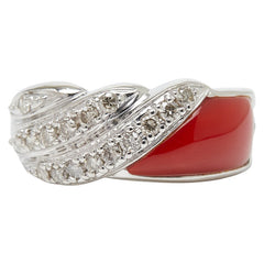 Pt900 プラチナ 珊瑚（コーラル） 赤サンゴ ダイヤ0.30ct リング 指輪 レディース 11.5号 【中古】