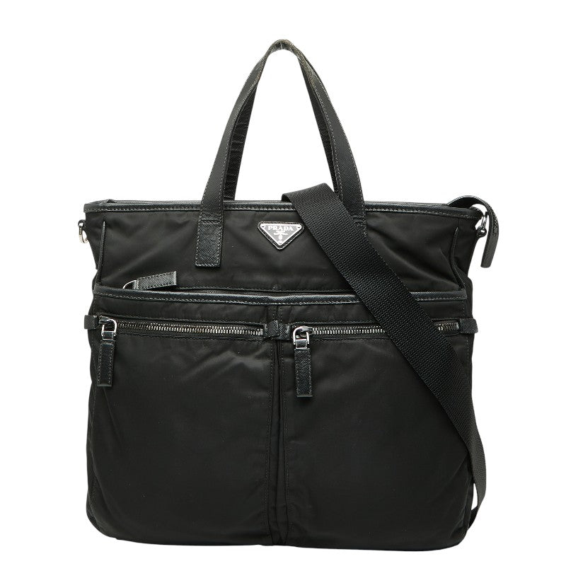 プラダ 三角ロゴプレート トートバッグ ショルダーバッグ 2WAY ブラック ナイロン サフィアーノレザー メンズ PRADA 【中古】