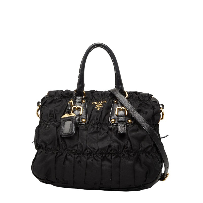 プラダ ギャザー ロゴ トートバッグ ショルダーバッグ 2WAY BN2346 ブラック ナイロン レザー レディース PRADA 【中古】