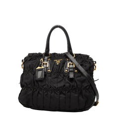 プラダ ギャザー ロゴ トートバッグ ショルダーバッグ 2WAY BN2346 ブラック ナイロン レザー レディース PRADA 【中古】