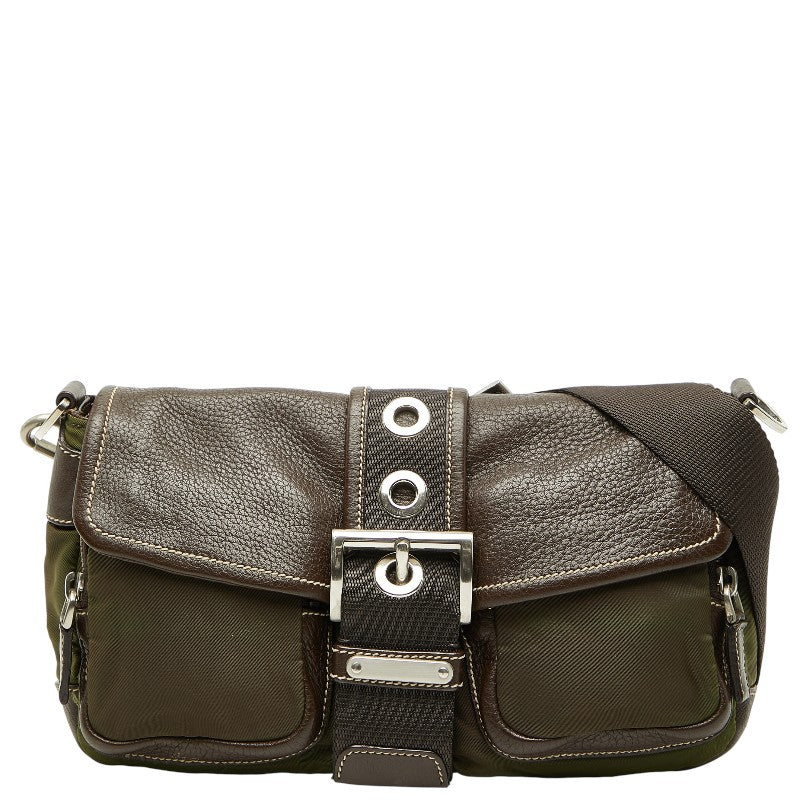 プラダ 三角ロゴプレート ワンショルダーバッグ BR2417 カーキ ブラウン ナイロン レザー レディース PRADA 【中古】