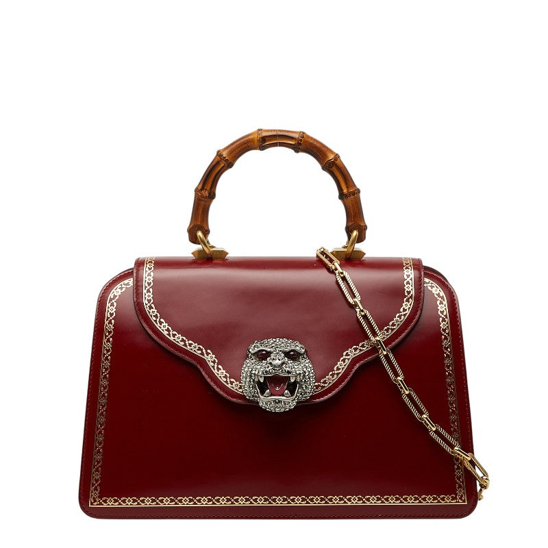 グッチ バンブー タイガーヘッド ハンドバッグ チェーン ショルダーバッグ 495881 レッド レザー ラインストーン レディース GUCCI 【中古】