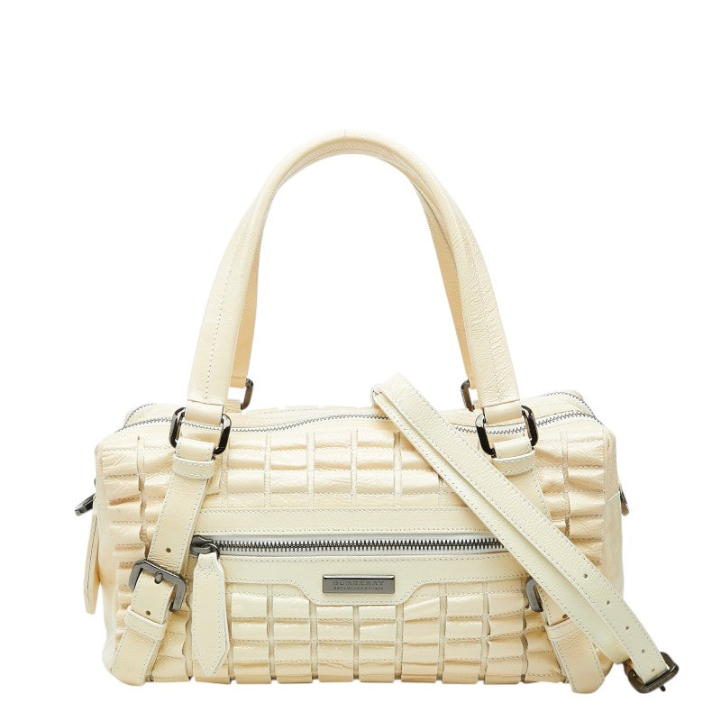 バーバリー ロゴプレート ボストンバッグ ショルダーバッグ 2WAY ベージュ クリーム パテントレザー レディース BURBERRY 【中古】
