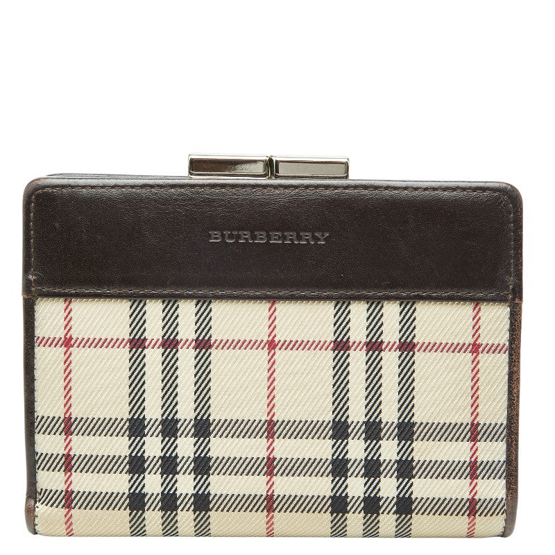 バーバリー ロンドン ノバチェック コンパクト がま口 二つ折り財布 ベージュ キャンバス レザー レディース BURBERRY 【中古】