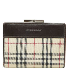 バーバリー ロンドン ノバチェック コンパクト がま口 二つ折り財布 ベージュ キャンバス レザー レディース BURBERRY 【中古】