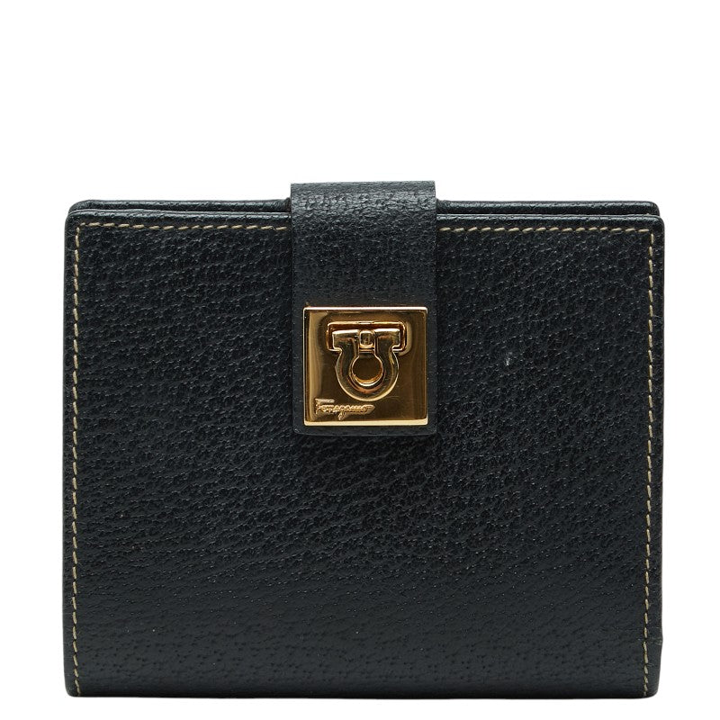 サルヴァトーレフェラガモ ガンチーニ 二つ折り財布 ブラック ゴールド金具 レザー レディース Salvatore Ferragamo 【中古】