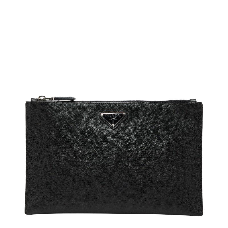 プラダ 三角ロゴプレート クラッチバッグ セカンドバッグ ポーチ ブラック サフィアーノレザー メンズ PRADA 【中古】