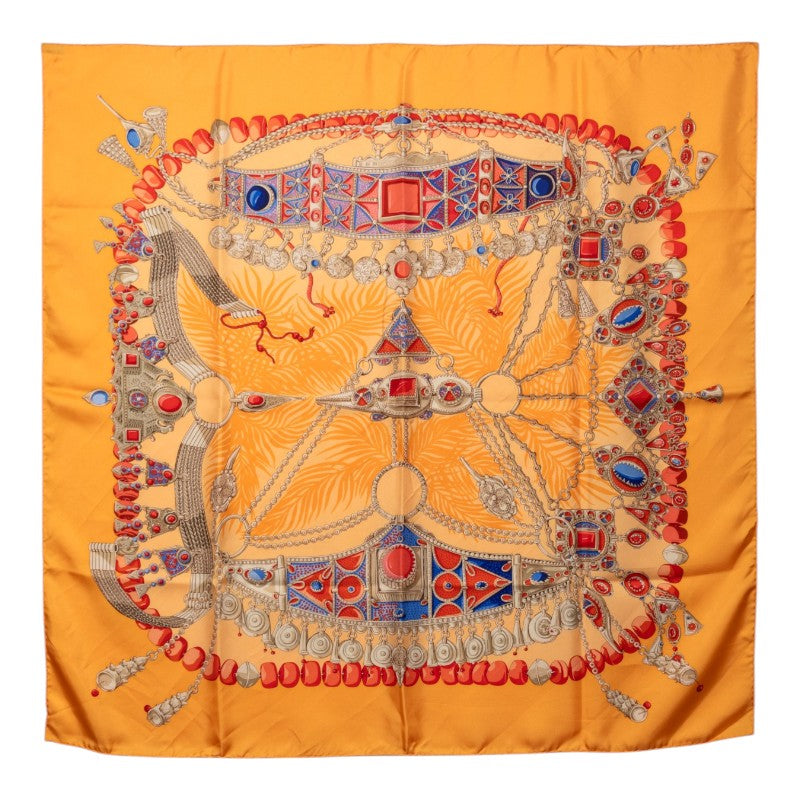 エルメス カレ90 TERRES PRECIEUSES 貴重な場所 スカーフ オレンジ マルチカラー シルク レディース HERMES 【中古】