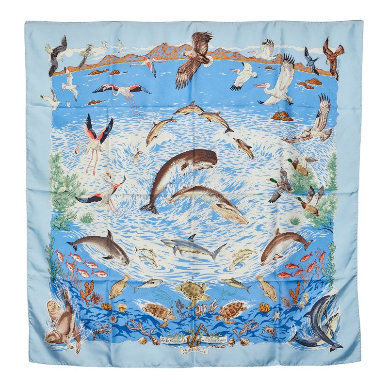 エルメス カレ90 Lavie Precieuse de la Mediterranee 地中海の貴重な生命 スカーフ マルチカラー ブルー シルク レディース HERMES 【中古】