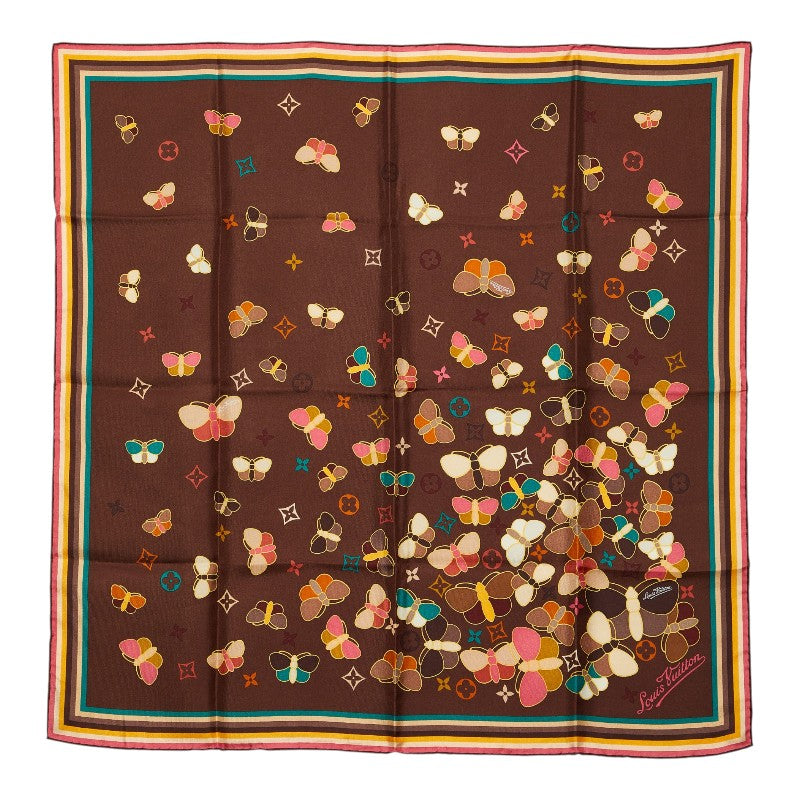 ルイ ヴィトン モノグラム チョウ 蝶 モチーフ スカーフ 400505 ブラウン マルチカラー シルク レディース LOUIS VUITTON 【中古】