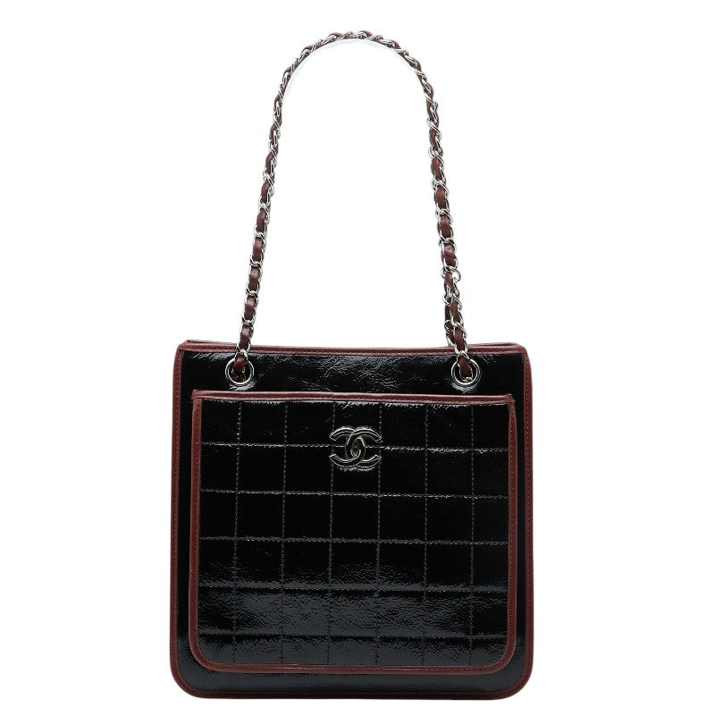 シャネル チョコバー ココマーク チェーン トートバッグ ブラック ブラウン レザー エナメル レディース CHANEL 【中古】
