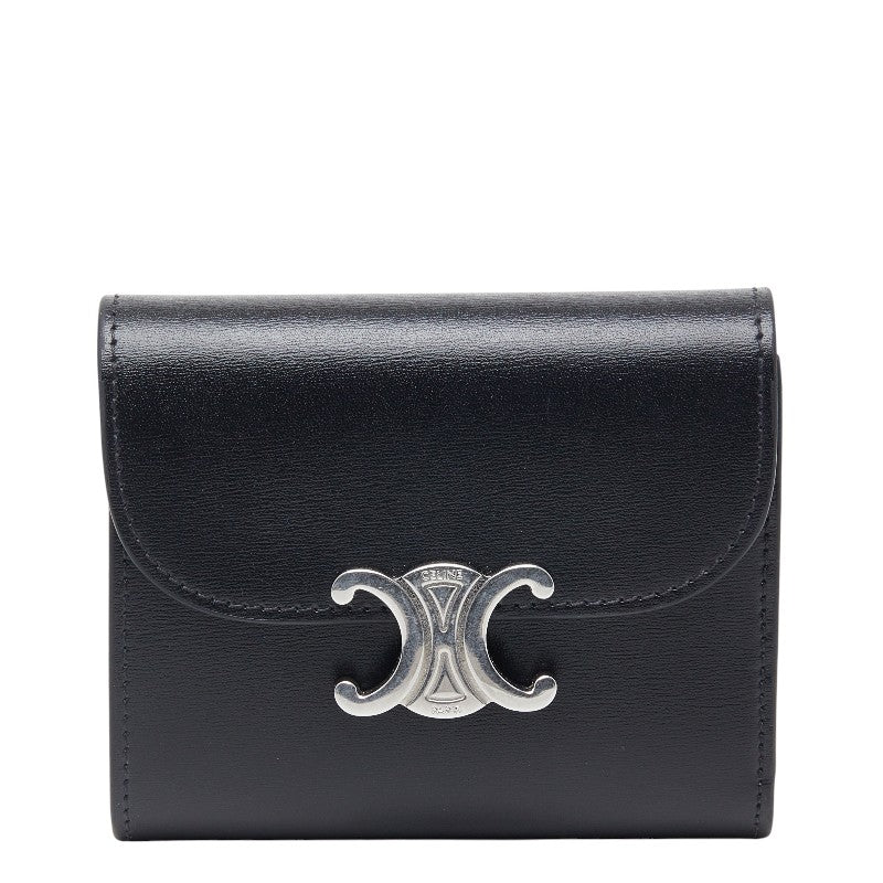 セリーヌ トリオンフ スモールフラップウォレット 三つ折り財布 ブラック レザー レディース CELINE 【中古】