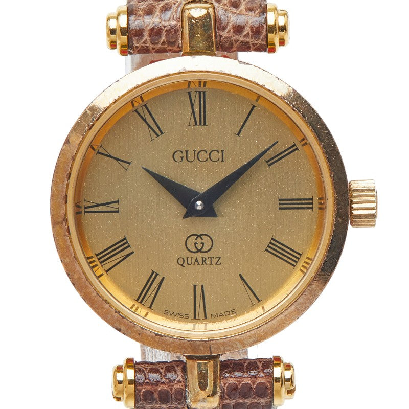グッチ シェリーライン ベルト（社外品） 腕時計 クオーツ ゴールド文字盤 ステンレススチール レザー レディース GUCCI 【中古】