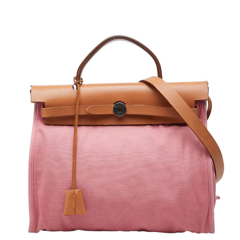エルメス エールバッグジップPM ハンドバッグ ショルダーバッグ 2WAY ピンク ブラウン キャンバス レザー レディース HERMES 【中古】