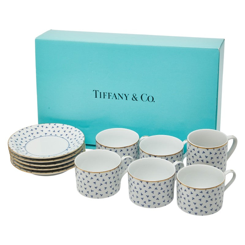 ティファニー ダンシングT カップ&ソーサー セット ホワイト ブルー ゴールド 磁器 レディース TIFFANY&Co. 【中古】