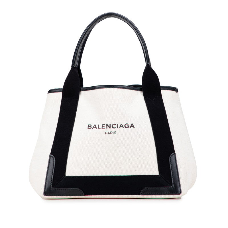 バレンシアガ ネイビーカバスS ハンドバッグ トートバッグ 339933 アイボリー ブラック キャンバス レザー レディース BALENCIAGA 【中古】