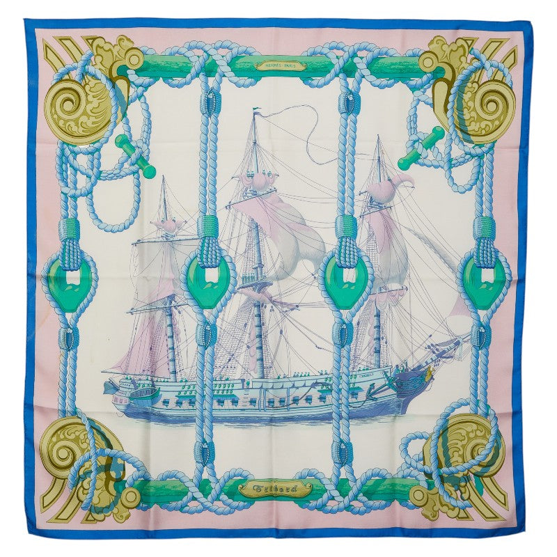 エルメス カレ90 Tribord 帆船 スカーフ ブルー ピンク マルチカラー シルク レディース HERMES 【中古】