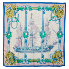 エルメス カレ90 Tribord 帆船 スカーフ ブルー ピンク マルチカラー シルク レディース HERMES 【中古】