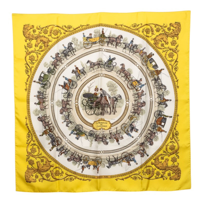 エルメス カレ90 La Promenade de Longchamps ロンシャンへの散歩 スカーフ イエロー マルチカラー シルク レディース HERMES 【中古】