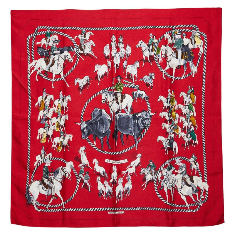 エルメス カレ90 LA CAMARGUE カマルグ スカーフ レッド マルチカラー レディース HERMES 【中古】