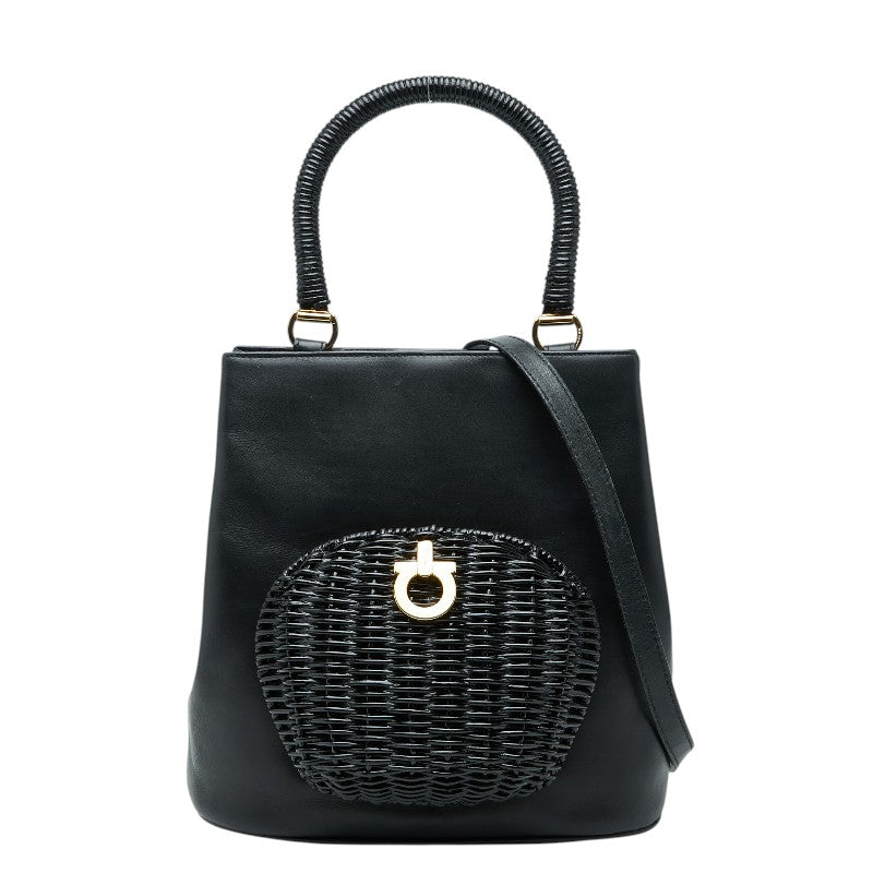サルヴァトーレフェラガモ ガンチーニ ハンドバッグ ショルダーバッグ 2WAY ブラック ゴールド レザー ラタン レディース Salvatore Ferragamo 【中古】