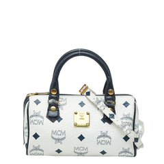 エム シー エム ヴィセトス ミニボストン ハンドバッグ ショルダーバッグ 2WAY ネイビー ホワイト レザー レディース MCM 【中古】