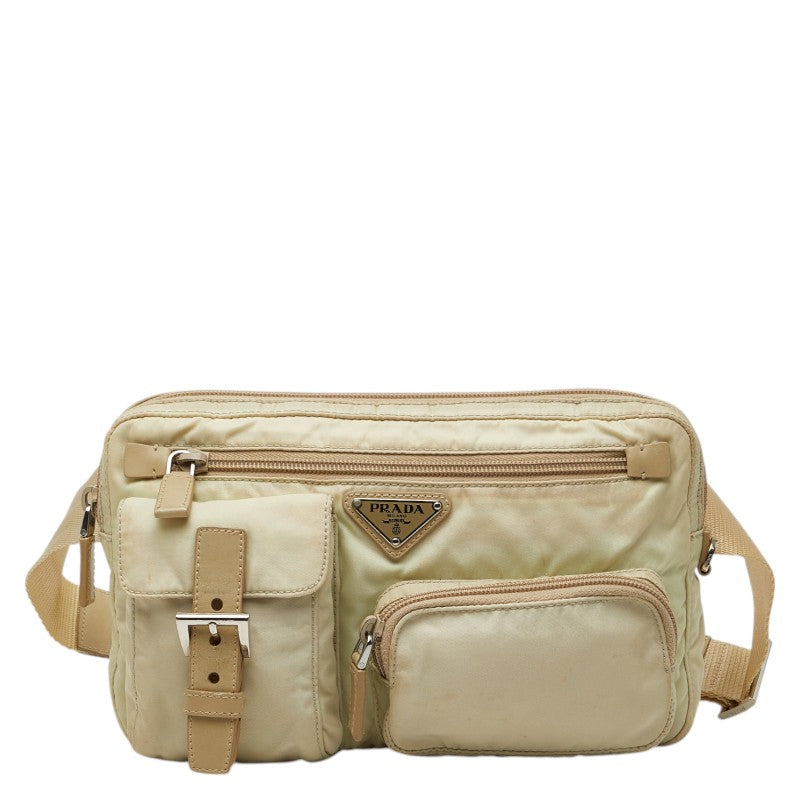 プラダ 三角ロゴプレート ウエストバッグ ボディバッグ グリーン ベージュ ナイロン レザー レディース PRADA 【中古】
