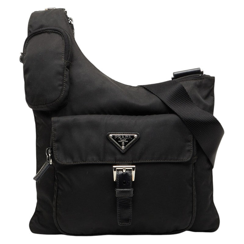 プラダ 三角ロゴプレート 斜め掛け ショルダーバッグ ブラック ナイロン レザー レディース PRADA 【中古】