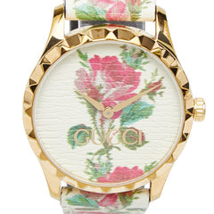 グッチ Gタイムレス フラワー 腕時計 126.4 クオーツ ベージュ文字盤 ステンレススチール レザー メンズ GUCCI 【中古】