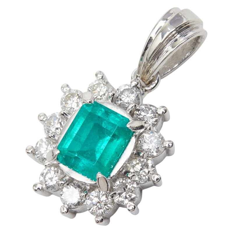 Pt900 プラチナ エメラルド0.91ct ダイヤ0.60ct フラワーモチーフ ペンダントトップ ネックレス レディース 【中古】
