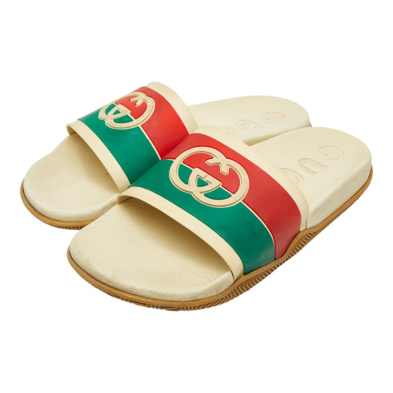 グッチ インターロッキングG - スライドサンダル シャワーサンダル 655461 ベージュ グリーン レッド ラバー メンズ GUCCI 【中古】
