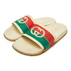 グッチ インターロッキングG - スライドサンダル シャワーサンダル 655461 ベージュ グリーン レッド ラバー メンズ GUCCI 【中古】