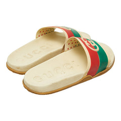 グッチ インターロッキングG - スライドサンダル シャワーサンダル 655461 ベージュ グリーン レッド ラバー メンズ GUCCI 【中古】