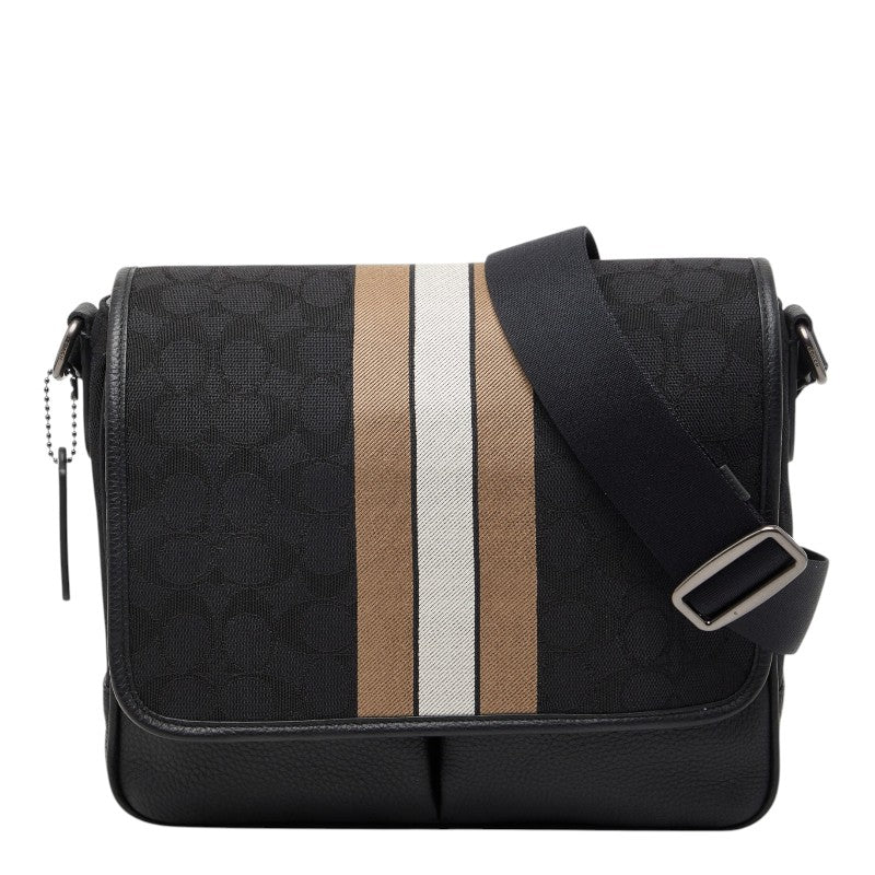 コーチ シグネチャー トンプソン 斜め掛け ショルダーバッグ C6583 ブラック ベージュ キャンバス レザー メンズ COACH 【中古】