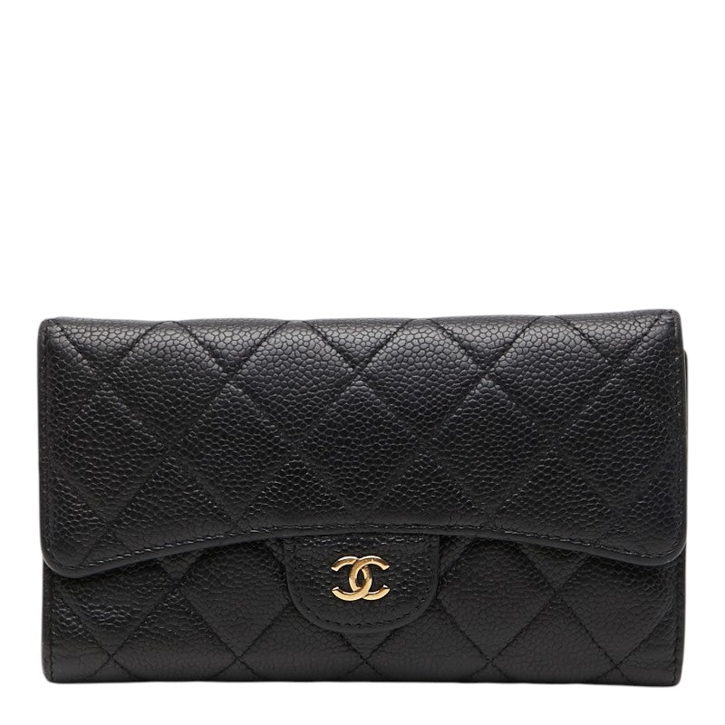 シャネル マトラッセ ココマーク 三つ折り財布 長財布 ブラック キャビアスキン レディース CHANEL 【中古】
